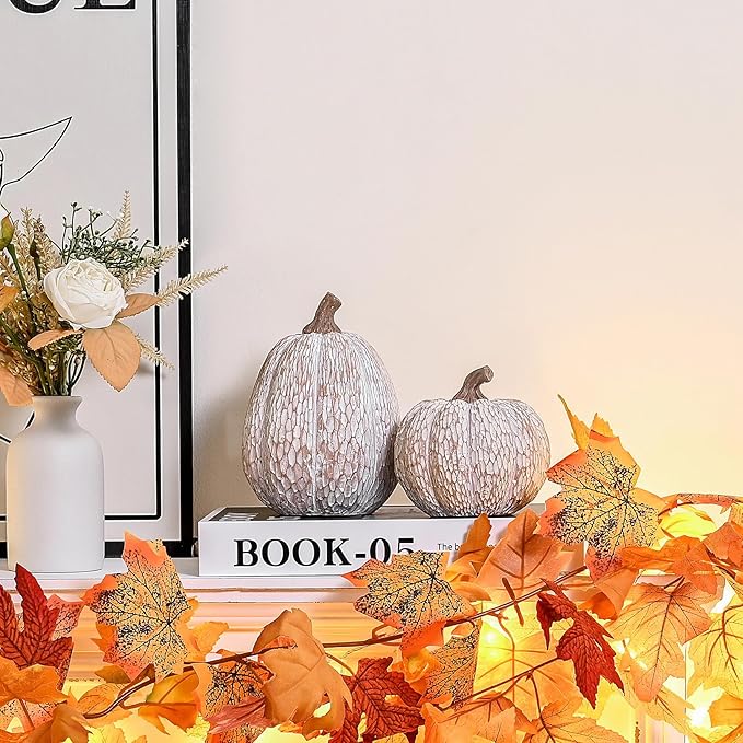 Artificial Pumpkin Decor, Brown and White Decorative Pumpkins, Thanksgiving Resin Pumpkins Figurine Set of 2, Carved Pumpkin Statues for Rustic Fall Tabletop Home Decor, Harvest, Wedding