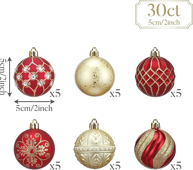Valery Madelyn Christmas Ornaments Set, 30ct 2 Inches Red and Gold Shatterproof Christmas Tree Decorations Ball Ornaments Bulk, Luxury Hanging Ornaments for Xmas Holiday Party Decor