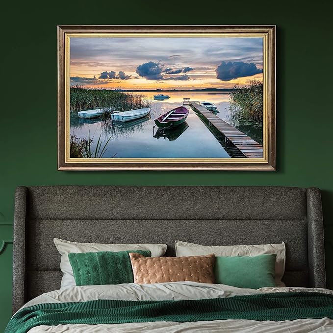 Lake Landscape Canvas Wall Art: Framed Country Scenery Painting Large Calming Rural View Artwork Relaxing Stunning Sunset Skyline Prints Casual Long Pier Picture for Office Living Room