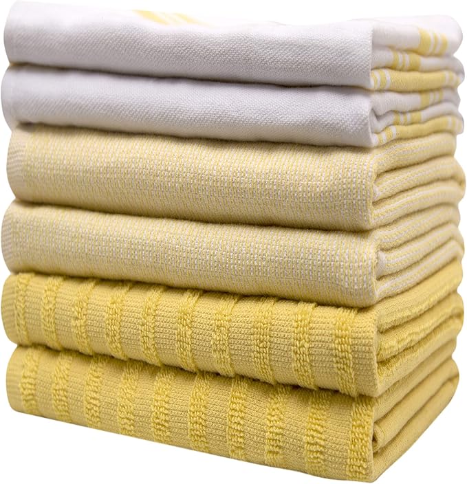 Premium Kitchen Towels (20”x 28”, 6 Pack) – Large Cotton Kitchen Hand Towels – Striped Flat & Terry Towel – Highly Absorbent Tea Towels Set with Hanging Loop – Yellow