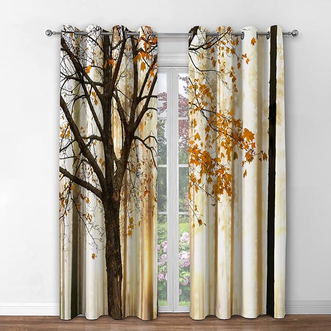 Jekeno Fall Tree Blackout Curtains Autumn Yellow Orange Maple Tree Fallen Leaf Brown Branch Wood Silky Satin Room Decor Grommet Window Drapes for Bedroom Living Room 2 Panel Set, 42"x63"