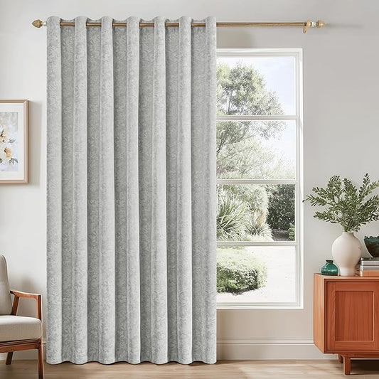 Beauoop Grey Floral Jacquard Blackout Curtains 84 Inches Long for Patio Sliding Door Extra Wide Chenille Flower Divider Room Darkening Thermal Soundproof Grommet Window Drapes, 100x84 Set of 1