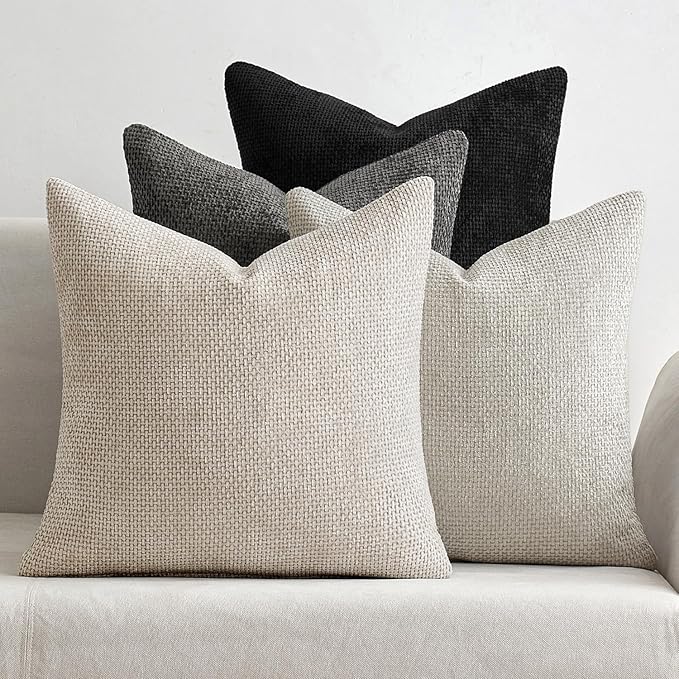 MIULEE Pack of 4 Couch Throw Pillow Covers 16x16 Inch Neutral Cream/Grey Soft Decorative Chenille Pillow Covers Farmhouse Accent Cushion Covers for Boho Home Decor Sofa Bedroom Living Room