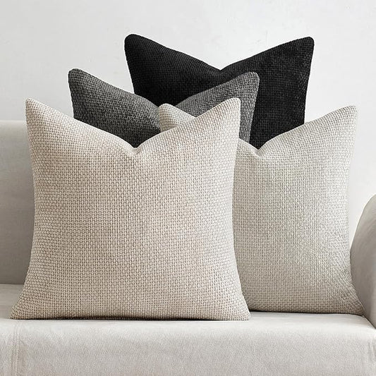 MIULEE Pack of 4 Couch Throw Pillow Covers 16x16 Inch Neutral Cream/Grey Soft Decorative Chenille Pillow Covers Farmhouse Accent Cushion Covers for Boho Home Decor Sofa Bedroom Living Room