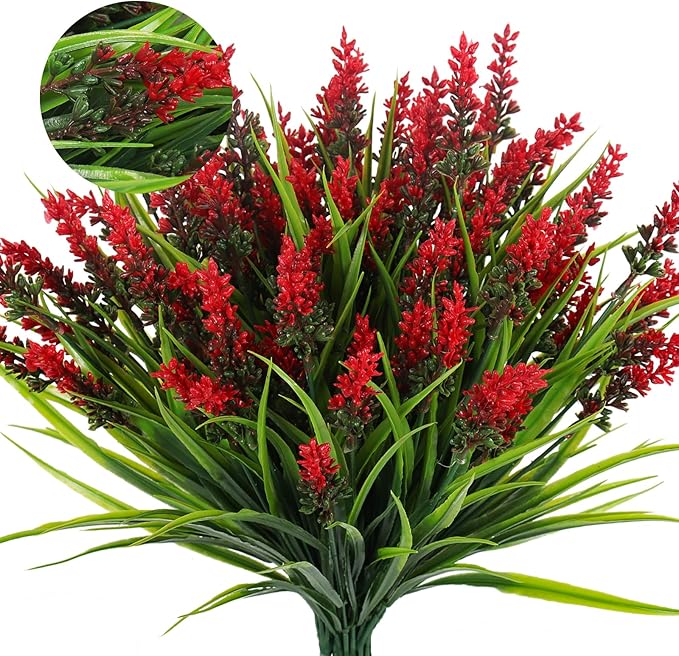 RECUTMS Fake Grass Plant,Fake Plants Outdoor, Artificial Grass, UV Resistant Fake Bushes Plastic Artificial Greenery Shrubs, Faux Greenery for House Garden Patio Front Porch Indoor Decor(Red)