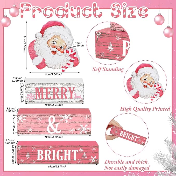 Geelin 4 Pcs Christmas Wooden Tabletop Decor Pink Winter Santa Tiered Tray Decor Christmas Centerpiece Rustic Decorative Block Signs Gift Farmhouse Table Decoration for Home Kitchen
