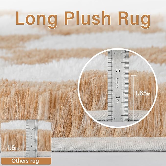 Checkered Rug 8x10 for Living Room, Beige and White Modern Shag Rug Washable Non-Slip Large Area Rug Super Soft Indoor Fuzzy Carpet Fluffy Rugs for Bedroom Home Aesthetic Decor