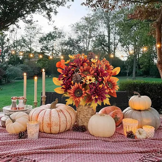HUAESIN Artificial Fall Flowers Faux Sunflowers Bouquets Fake Peony Silk Dahlia Autumn Silk Floral Arrangements for Home Decor Indoor Living Room Kitchen Table Cemetery Grave Flowers