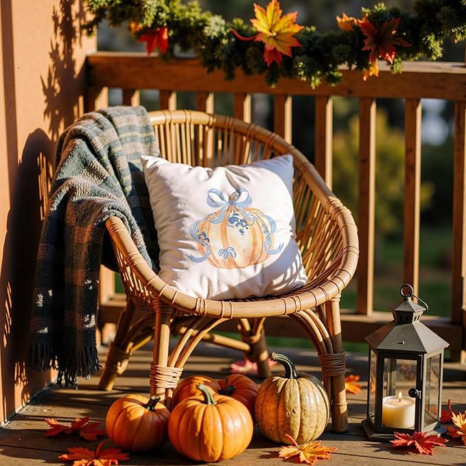 Blue Chinoiserie Pumpkin Fall Pumpkin Pillow Covers 18x18, Preppy Fall Decor, Grandmillennial Floral Pumpkin Autumn Decorative Throw Pillow Covers for Girls Room Home Bedroom Living Room