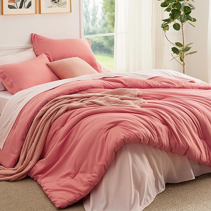 Bedsure King Size Comforter Set - 7 Pieces Coral King Bedding Set for All Seasons, Boho Contrasting Design Bed in a Bag with Comforter, Sheets, Pillowcases & Shams