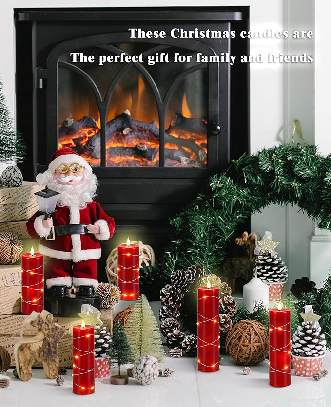 Da by Red Flameless Candles with String Lights, Battery Operated Candles with Remote Control and Timer,Flickering LED Pillar Candles for Home Décor,Real Wax,5 Pack -Red