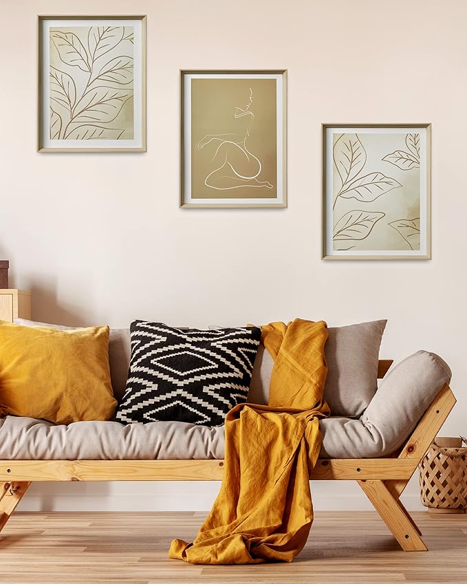 UPWOIGH Boho Canvas Wall Art(No Plexiglass), Framed High Side Wall Art, 16x12in Yellow-Brown Abstract Woman and Leaf Lines Minimalist Wall Decor for Living Room Bedroom Set of 3