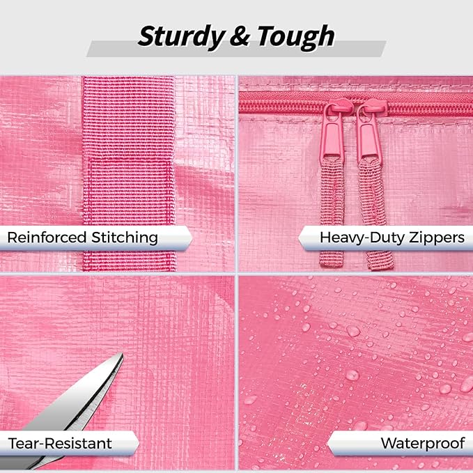 8 Pack Extra Large Heavy Duty Moving Bags, Pink Storage Bins with Lids, Reinforced Handles & Heavy-Duty Zippers Moving Boxes Storage Bags Totes for Clothes Packing, Dorms, College Supplies, Pink