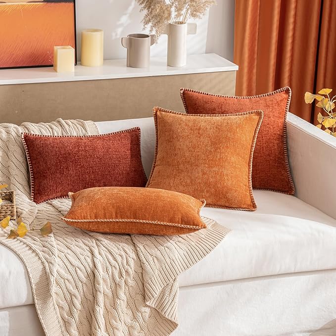 MIULEE Pack of 2 Fall Couch Throw Pillow Covers 16x16 Inch Rust Farmhouse Decorative Pillow Covers with Stitched Edge Soft Chenille Solid Dyed Pillow Covers for Sofa Bed Living Room