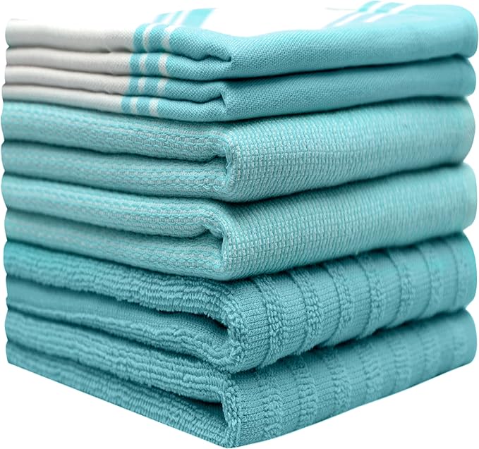 Premium Kitchen Towels (20”x 28”, 6 Pack) – Large Cotton Kitchen Hand Towels – Flat & Terry Towel – Highly Absorbent Tea Towels Set with Hanging Loop (Wide Stripe Aqua)