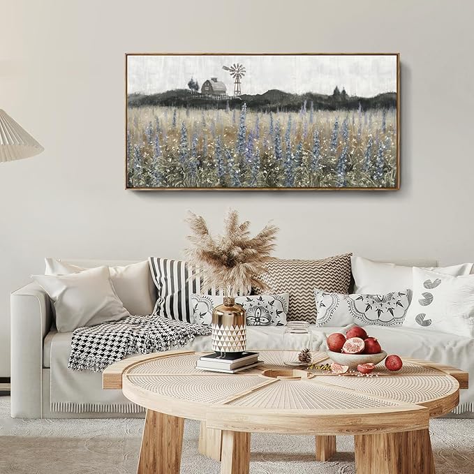 Framed Canvas Wall Art for Living Room Rustic Farmhouse Scenery Vintage Countryside Windmill Barn Picture Nature Wilderness Landscape Wildflower Field Meadow Print Painting Retro Artwork 48"W x 24"H