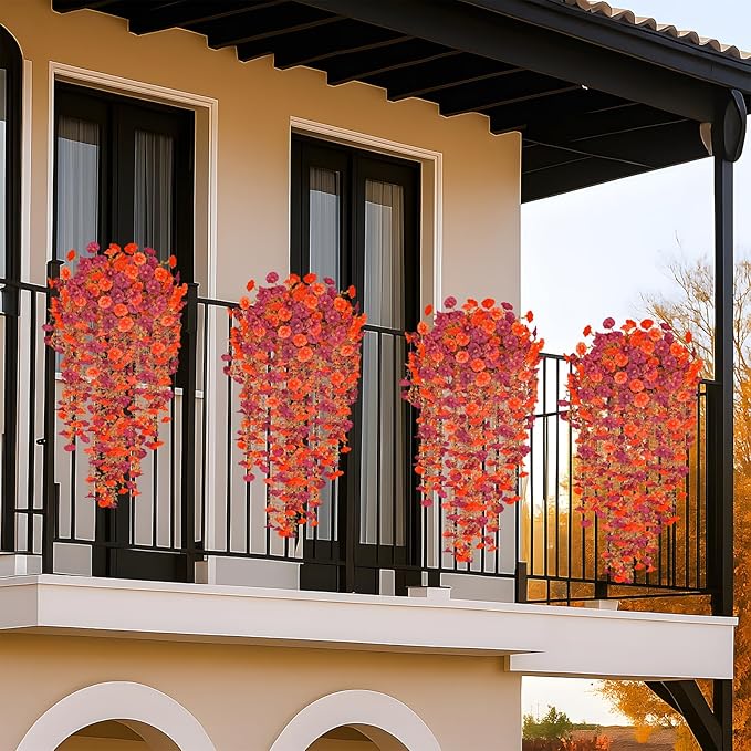 4 Pcs Artificial Hanging Flowers for Outdoor Fall Decoration, 4 Pcs Fake Fall Morning Glory Flowers UV Resistant Faux Petunias for Home Front Door Patio Decor (Dark Red Orange)