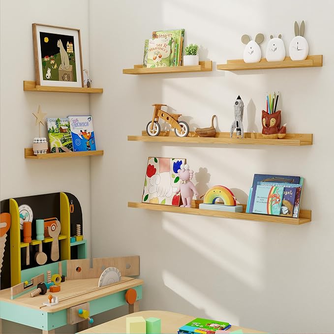 Axeman Picture Ledge Shelf, Floating Shelves for Wall Decor Storage Set of 6, 55 inch Floating Wall Mounted Shelves, Shelves with Lip for Living Room, Bedroom, Nursery, Bathroom, Kitchen, Oak