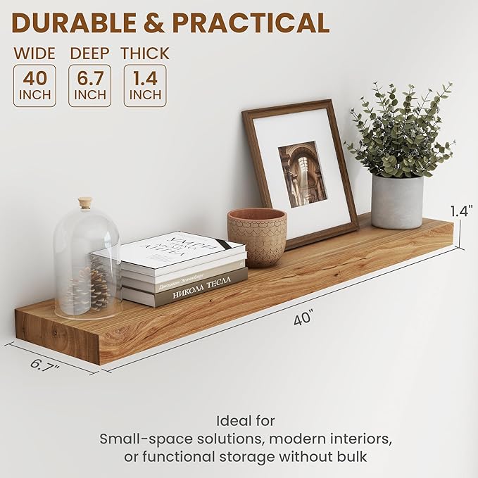 40 Inch Floating Shelves for Wall, Rustic Elm Wood Shelf for Home Decor, Heavy-Duty Wooden Floating Shelves for Kitchen, Wall Mounted Storage Shelves for Bathtoom, Living Room, Natural Color, Set of 1