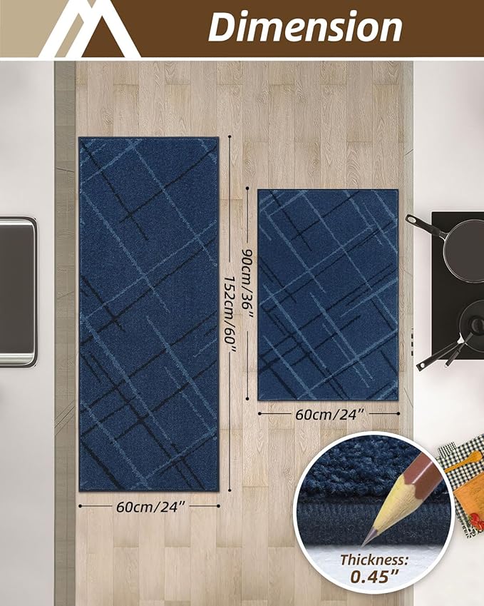 COSY HOMEER Kitchen Mats, 2 PCS Kitchen Rug Non Slip Washable, Absorbent Runner Rugs for Kitchen Floor, Polyester Kitchen Sink Rug 24"x36" + 24"x60"(Blue)