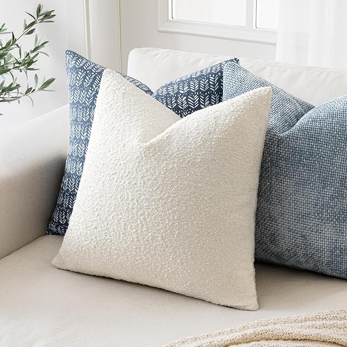 MIULEE 16x16 Inch Decorative Pillow Covers for Couch Bed Set of 2 Textured Boucle Neutral Throw Pillows White Accent Solid Cushion Pillowcase Cozy Soft Sofa Livingroom Home Decor