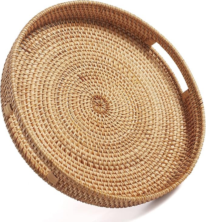 Round Rattan Serving Tray Decorative Woven Ottoman Trays with Handles for Coffee Table Natural (Small 11.8 inch x 2.4 inch)