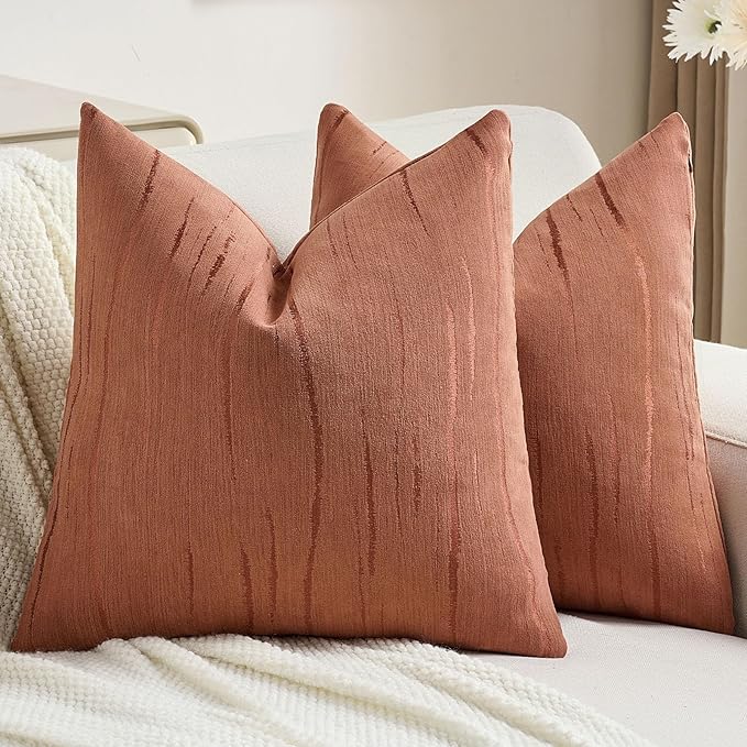 FUTEI Rust Chenille Decorative Throw Pillow Covers 18x18 Inch Set of 2,Soft Embossed Striped Textured Cushion Case,Modern Home Decor for Couch Bed Living Room