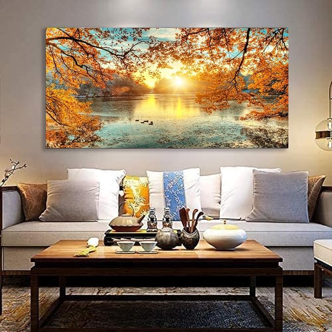 Yxbhhym-Landscape Tree Canvas Wall Art Fall Forest Sunset Wall Decor Poster Lake Water Pictures for bedroom wall décor Natural Scenery Paintings Artwork Large Living Room Decor Home Office Decoration