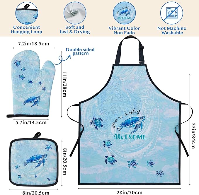 Sea Turtle Gifts for Women,8PCS Coastal Bamboo Cooking Utensil Spoon with Apron Oven Mitt Potholder for Kitchen Decor,Ocean Themed Stuff for Turtle Lovers,Mom,Housewarming,Birthday Gifts