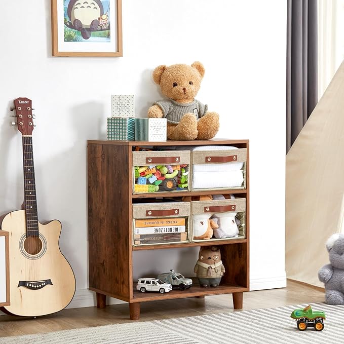 Medium Storage Baskets with Clear Window, See Through Closet Organizer with PU Handles, Linen Foldable Storage Bins for Organizing Clothes, Toys, Books (Khaki)