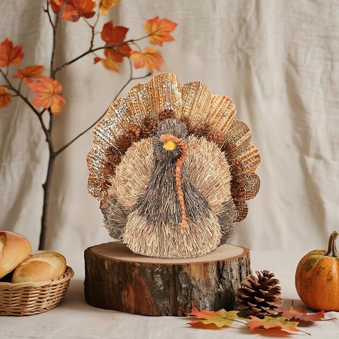 Winemana Thanksgiving Turkey Decorations Indoor, Sisal Figurines Home Centerpiece Decor, Handmade Large Turkey for Table, Office, Mantel - Fall Harvest Gifts