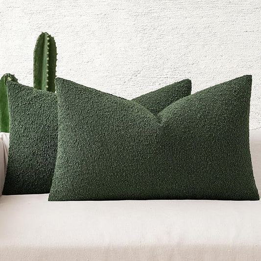 MIULEE 12x20 Inch Decorative Lumbar Throw Pillows for Bed Set of 2 Textured Boucle Neutral Throw Pillow Covers Dark Green Accent Solid Pillowcase Cozy Soft Sofa Livingroom Home Decor