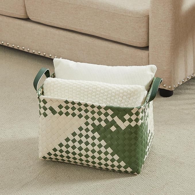 BROWNLILY Handwoven Clothes Basket Laundry Hampers Large Wicker Storage Baskets for Shelves Blankets Closet Storage Bins Car Bedroom Bathroom Organizers and Storage Bath (Pack of 4, Green&White)