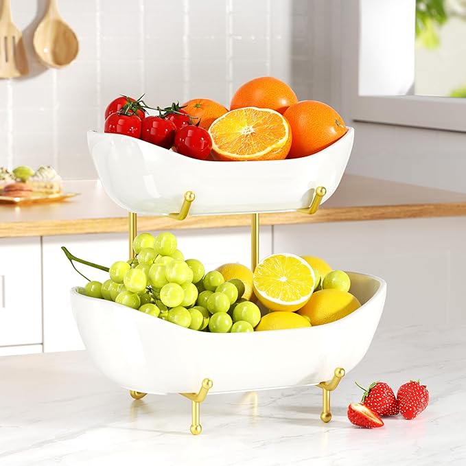 2 Tier Ceramic Fruit Bowl with Metal Stand – Tiered Fruit Stand for Kitchen Countertop, Serving Tray for Snacks, Nuts, Cakes, Desserts, Bread, Candy Storage, Gold
