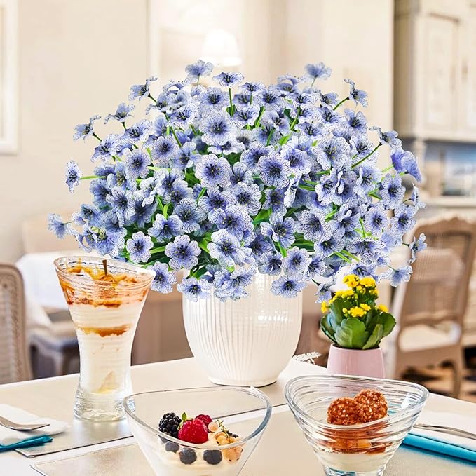 Krissing 48 Bundles Outdoor Artificial Flowers UV Resistant Fake Silk Flowers Faux Plastic Plants Outside Garden Porch Window Box Summer Decoration (Blue)