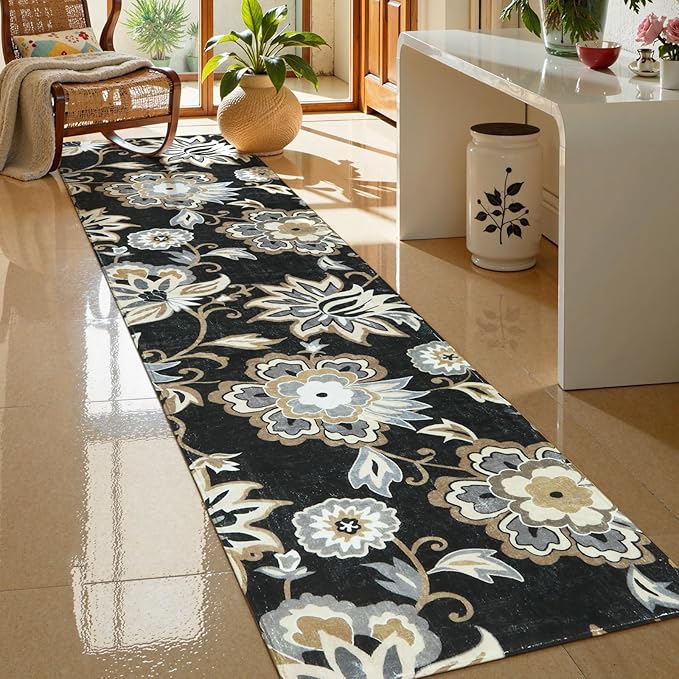 Lahome Floral Black Rug Runner - Runner Rug for Hallway 2x10 Non-Slip Stain Resistant Washable Runner Rugs for Kitchen Floor, Paisley Print Accent Ultra-Thin Carpet Runners for Bedroom Foyer Entryway