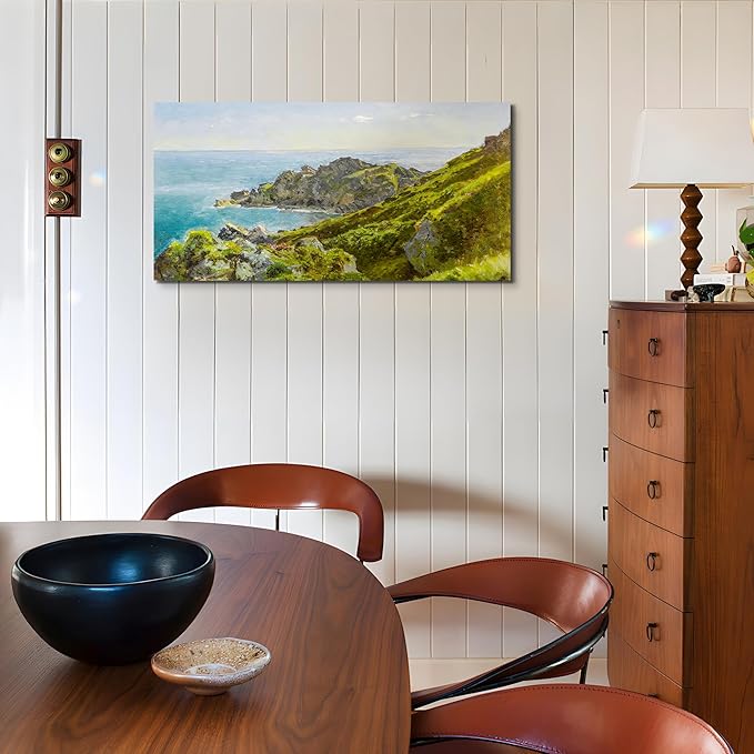 crmotu Coastal Large Wall Art, Nature Landscape Painting Canvas Prints, Meadow Coastline Vintage Decor Artwork, Mountain Sea Aesthetic Pictures Wall Decor Living Room Bedroom Bathroom 20"X40"