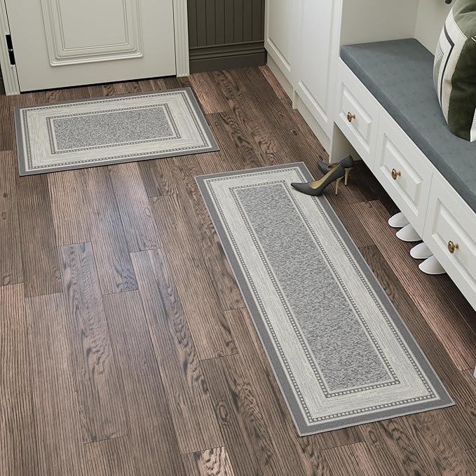 Ottomanson 2-Piece Kitchen Rug Set - Non Slip, Runner & Small Area Rug - Border - 20" x 59" & 2'3" x 3' - Durable, Stain Resistant for Entryway, Bedroom and Bathroom, Light Gray