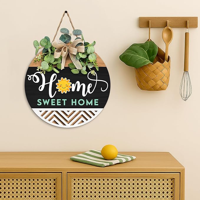 GOSSBY Interchangeable Welcome Sign for Front Door - HOME SWEET HOME - Seasonal Rustic Wood Wreath - Hanging Wall Sign Decoration for Outside, Porch, Farmhouse - New Home, Housewarming Gift