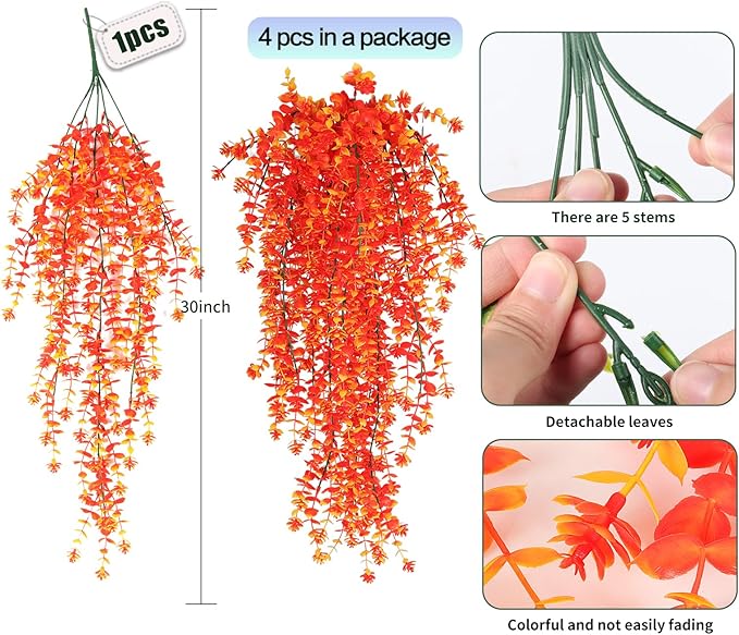 SJL Artificial Hanging Plants Pack of 4 Fall Faux Hanging Plants Artificial Decor Faux Eucalyptus Leaf Fake Autumn Plant Plastic Greenery Plant Flowers for Kitchen Bathroom Thanksgiving Decor(Gold)