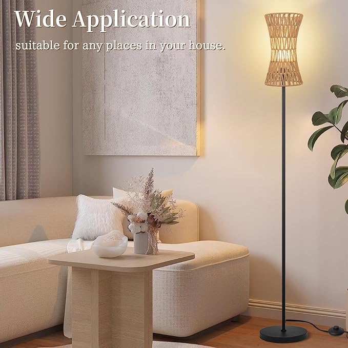 Floor Lamp for Living Room,Slim Waist Rattan Floor lamp,Modern Standing lamp with Bohemia Rattan Shade,Black Tall Lamp with Foot Switch