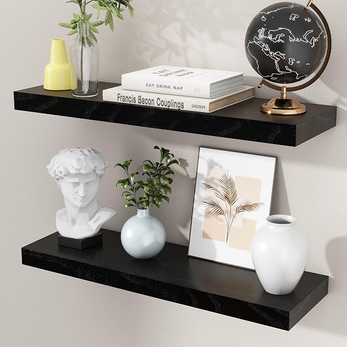 24 Inch Black Floating Shelves for Wall, Solid Wood Wall Shelves Set of 2, Modern Black Shelves Display Ledge Shelves for Bedroom Bathroom Living Room Kitchen Decoration Storage - Black