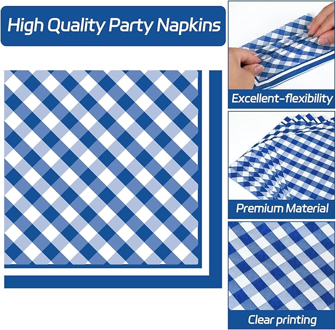 Gingham Oval Paper Plates 11inch Blue and White Checkered Plates and Napkins, Blue and White Plaid Birthday Tableware Outdoor for BBQ Gathering Picnic Blue Boys Theme Party Supplies, 25 Guest