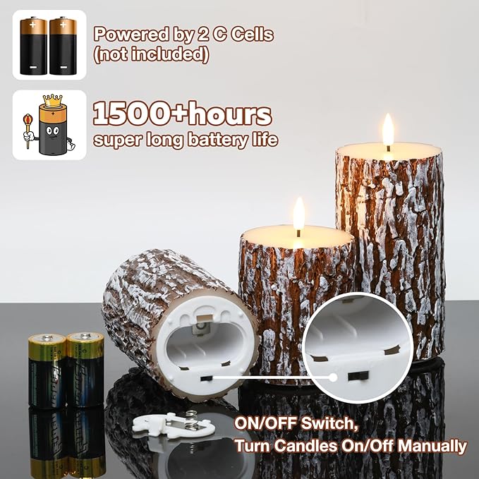 Eywamage Brown Pine Bark Flameless Pillar Candles with Remote, Farmhouse Battery Operated LED Wood Candles Set of 3