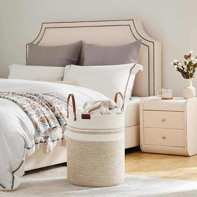 VIPOSCO Tall Laundry Basket, Large Dirty Clothes Hamper with Leather Handle, Woven Rope Storage Basket for Blanket, Toy In Living Room, Bathroom, Bedroom - 53L Brown & White