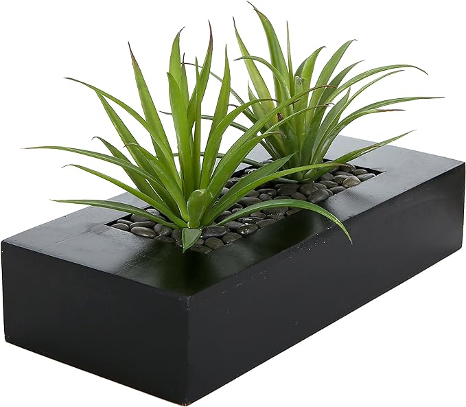 MyGift 10 Inch Fake Grass Artificial Plants in Rectangular Black Wood Planter - Faux Plants Indoor for Tabletop Centerpiece Décor