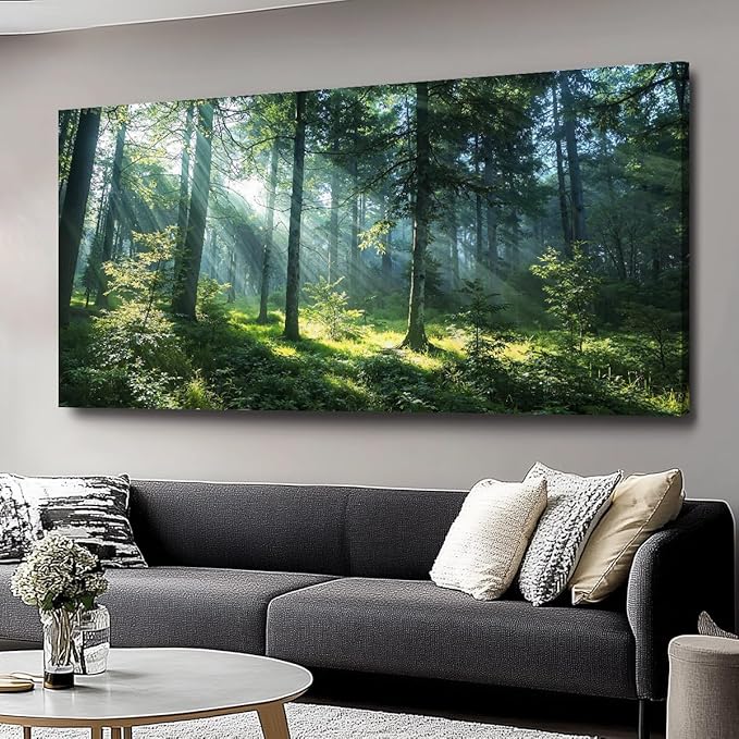 Huaaliunn Large Green Forest Wall Art for Living Room and Bedroom, Canvas Wall Art Framed Ready to Hang, Modern Landscape Nature Painting, Wall Decor for Home Office 50x100cm(20x40in)