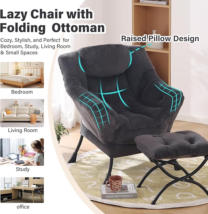 Oversized Chair with Ottoman, Modern Reading Chair, Lounge Accent Chair with Armrests and a Side Pocket for Small Space, Bedroom, Study, Living Room (Plush Dark Greyish Blue)