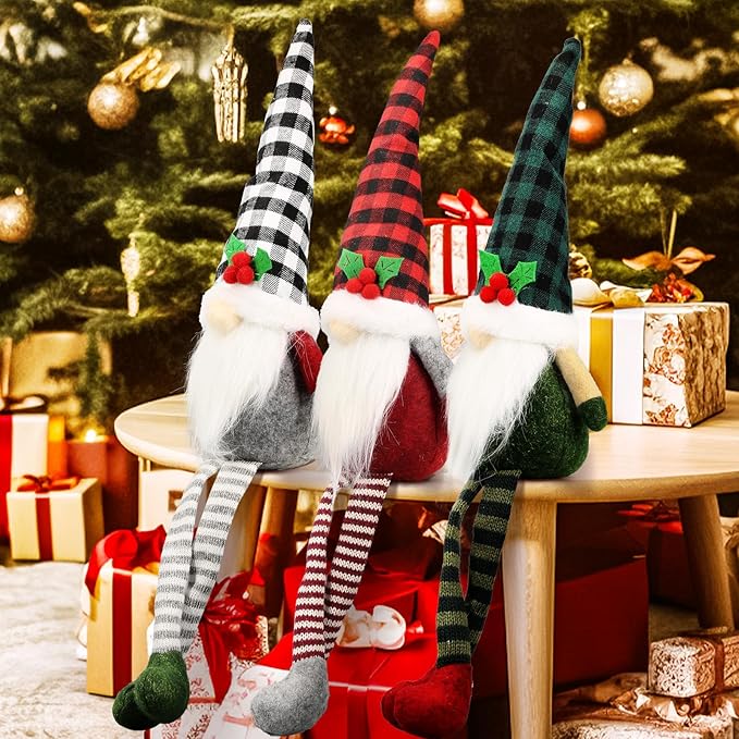 3Pcs Christmas Gnomes Plush - Xmas Gnomes Santa Scandinavian Tomte Ornaments - Buffalo Check Plaid Christmas Doll - Xmas Decorations for Home, Office, Indoor for Women, Gnomes Lovers