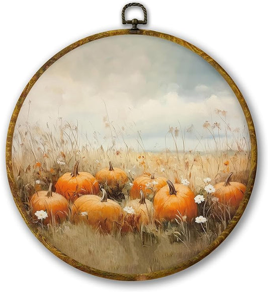 Mcehtle Vintage Fall Pumpkin Wall Art Decor, Rustic Autumn Wildflower Field Landscape Framed Canvas Prints 10x10, Countr Farmhouse Round Wall Hanging Artwork Decorations for Bedroom Living Room Home